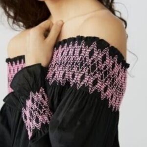 Maje Lofaur Black Pink Peasent Smocked Embroidered Off-the-Shoulder Top Size L